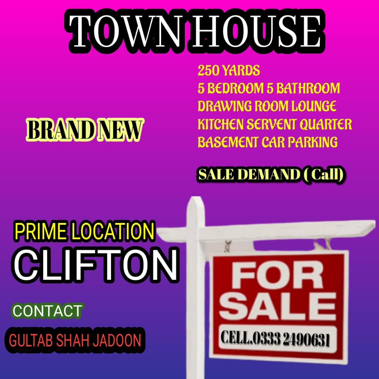 BRAND NEW  TOWN HOUSE FOR SALE  CLIFTON BLOCK 5 KARACHI